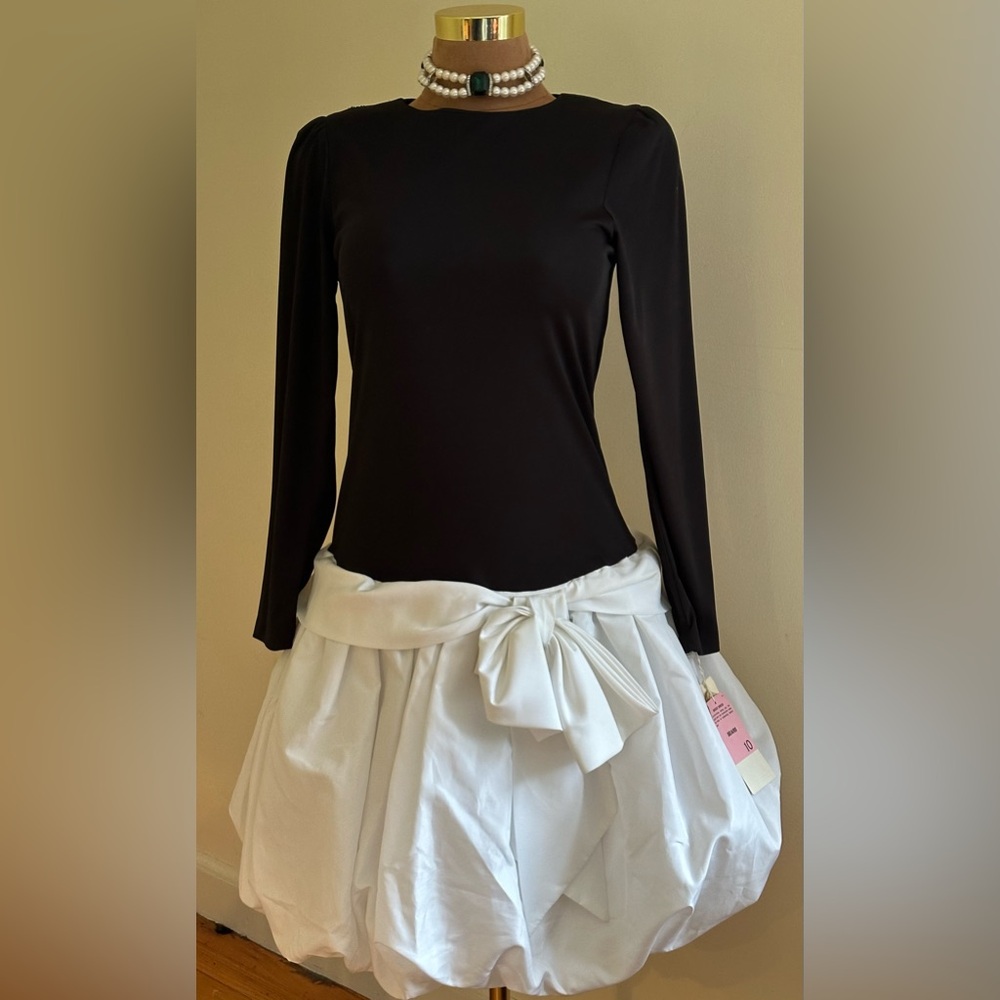 Gilberti Black & White Bubble Vintage 1980’s MIDI Dress  Bow & Drop Waist Sz 10